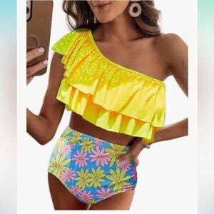 BOGO VIMPUNEC Ruffle One Shoulder High Waisted Two Piece Bathing Suits nwt